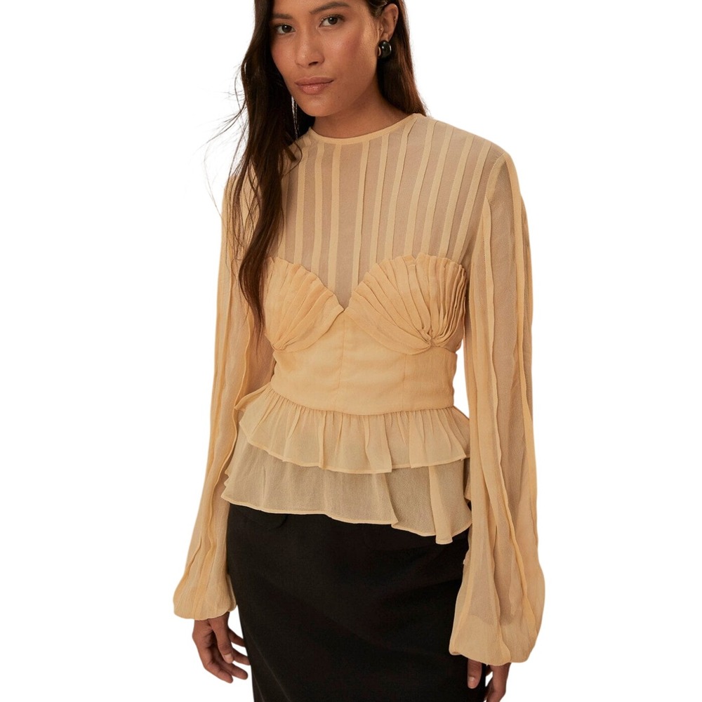 Farm Rio Beige Pleated Bust Blouse Long Sleeve Ruffle Peplum Top XL NWT $198